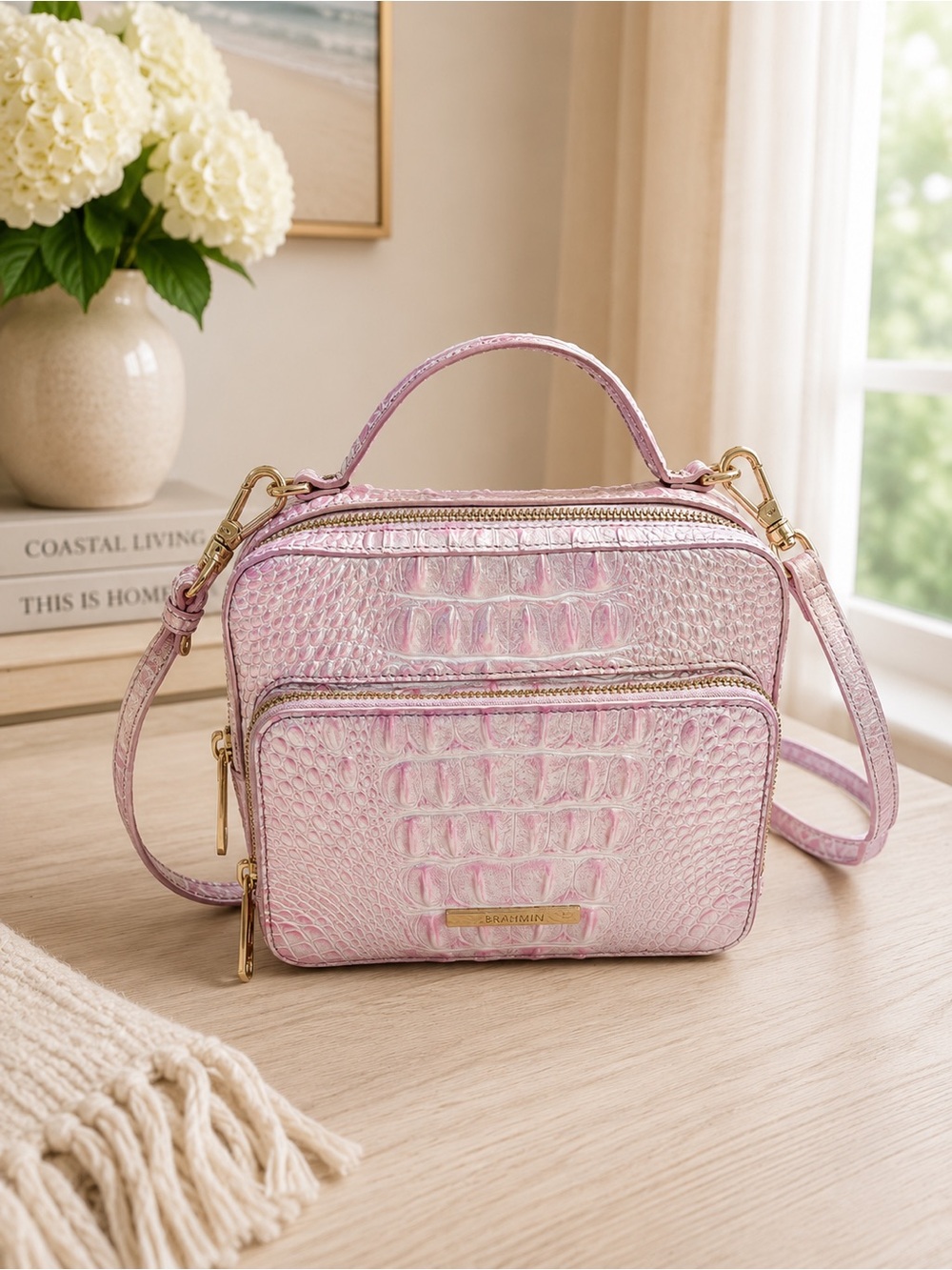 Brahmin Iridescent Pink Croc Embossed Leather Crossbody Like New